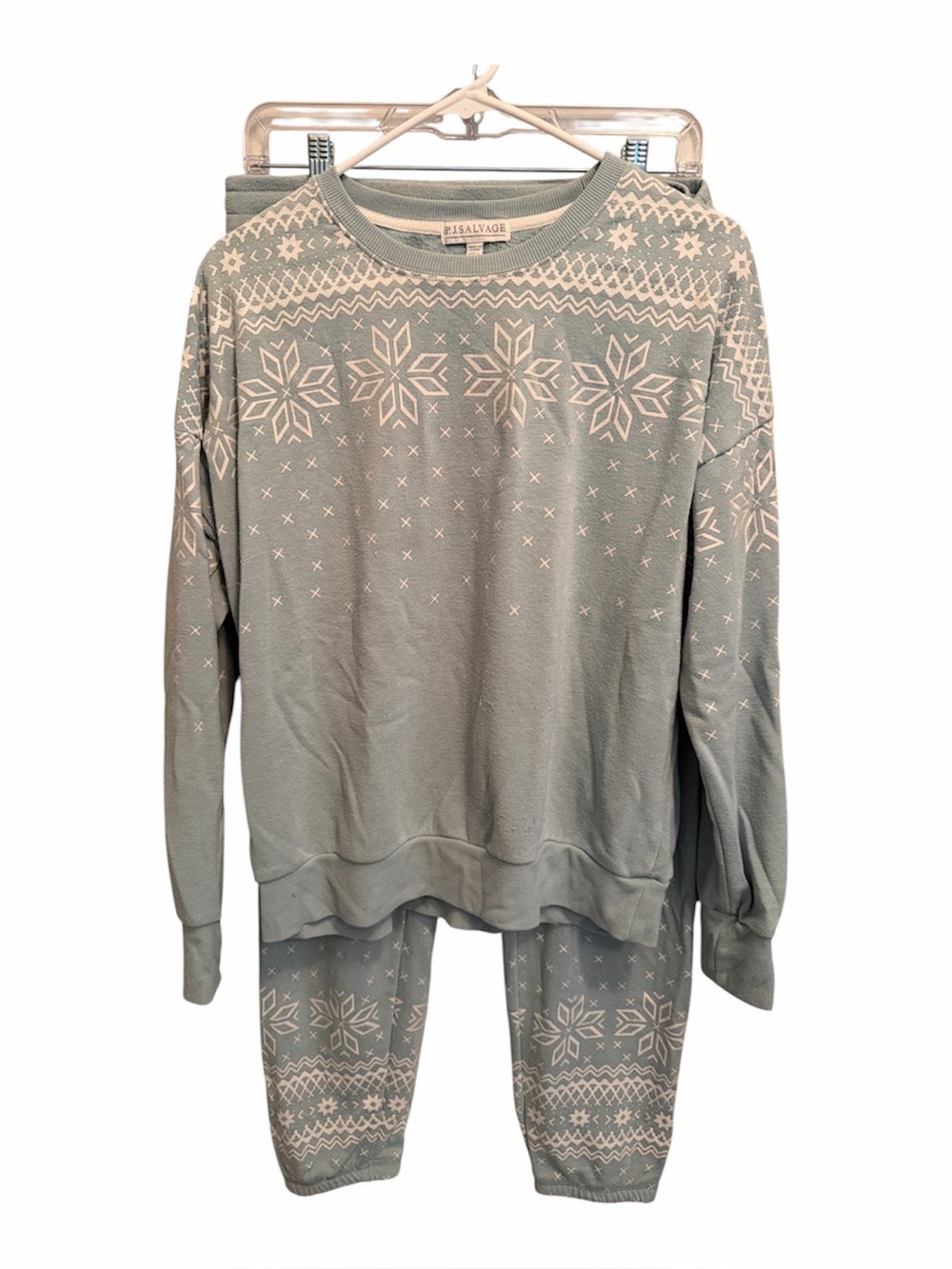 P.J. Salvage Light Blue and White Snowflake Crew neck & pant Fleece Set. Size M